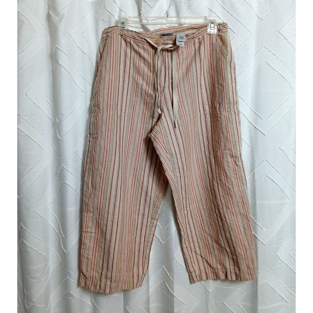 Linen Striped Capris  Sz 14 Beachy Drawstring Waist Baggie Legs